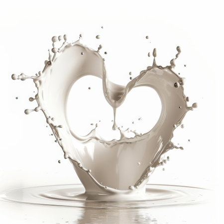 Unique heart-shaped splash of milk creates an engaging visual, symbolizing love and emotion, perfect for creative romantic projects, advertising, or personal use.の素材