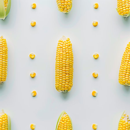 Vibrant yellow corn kernels and cobs artistically arranged on a clean white background, highlighting their natural beauty and texture suitable for various culinary uses.の素材