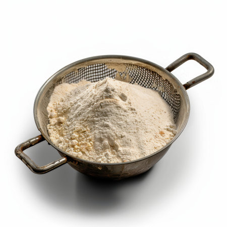 This image shows a close-up of sifted white flour in a metal colander, capturing the texture and essence of a key ingredient for various baking and cooking tasks.の素材