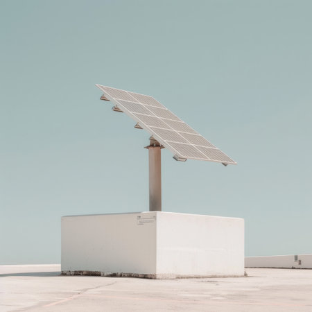 A solar panel sits on a pristine white rooftop under a clear blue sky, showcasing the integration of sustainable energy solutions in contemporary architecture.の素材