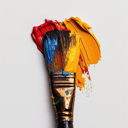 Explore the vivid interplay of colors on an artist brush, showcasing the essence of creativity and inspiration in every vibrant splatter of paint.の素材