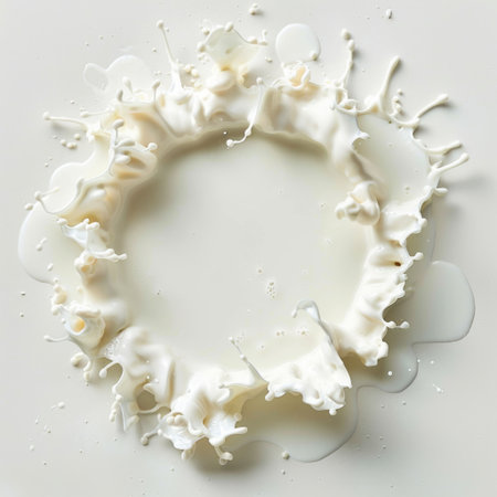 A stunning splash of milk forms a crown shape against a smooth white background, showcasing the elegance of fluid motion in minimalist style and capturing beauty in simplicity.の素材