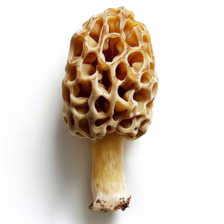 Captivating close-up of a morel mushroom against a white background, highlighting its unique texture and form, ideal for food enthusiasts and nature lovers alike.の素材