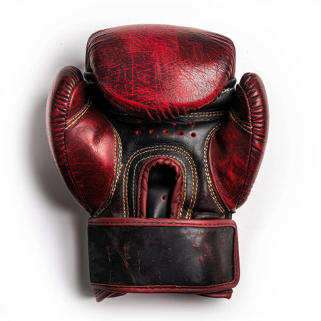 This vintage red leather boxing glove features a classic design with visible wear and texture, making it perfect for sports-related projects or fitness-themed visuals.の素材
