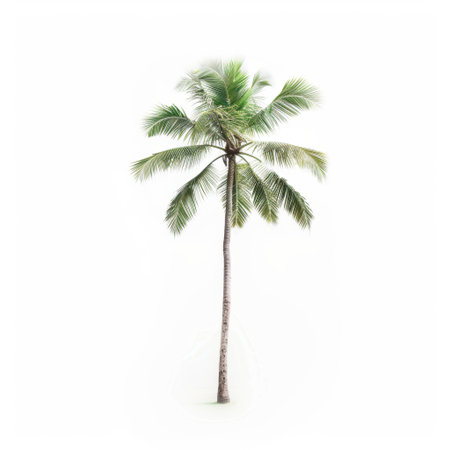 A stunning isolated palm tree with a slender trunk and vibrant green leaves against a white background, perfect for representing tropical beauty and tranquility.の素材