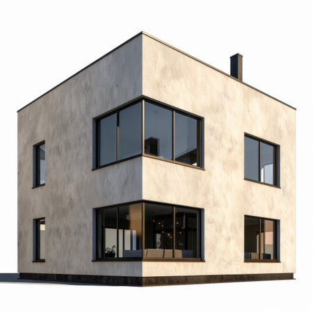 A stunning modern house featuring a sleek design with large windows, highlighting efficiency and style. Perfect for showcasing contemporary living spaces.の素材