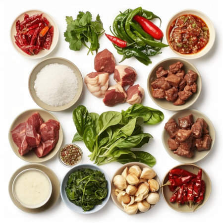 A beautiful arrangement of fresh ingredients including various meats, herbs, spices, and vegetables ideal for inspiring culinary creations and healthy meal preparation.の素材