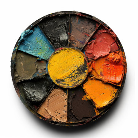 A circular artist palette filled with a diverse array of rich paints showcasing vibrant colors and textures, perfect for artistic inspiration and creative projects.の素材
