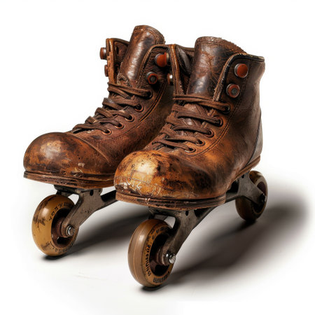 Capture the essence of nostalgia with these vintage leather roller skates. Their worn wheels and characterful design are perfect for retro-themed photography and storytelling.の素材