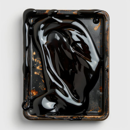 This image features a glossy black liquid poured in a baking tray, highlighting a smooth texture and reflective surface, perfect for artistic and abstract themes.の素材