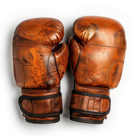 Capture the spirit of boxing with these vintage brown leather gloves. Perfect for training, decoration, or sports photography, showcasing their unique texture and wear.の素材