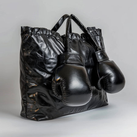 A fashionable black handbag designed with boxing gloves, ideal for those who appreciate sports-inspired accessories and wish to express their active lifestyle creatively.の素材