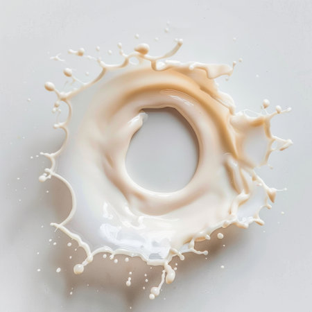 A stunning image of a creamy liquid splash created artistic circular shapes with dynamic droplets. The smooth texture and clean background elevate the elegance of this composition.の素材