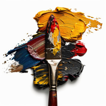 A close-up of an artist's knife surrounded by vibrant oil paints on a white surface, showcasing the beauty of color mixing and abstract artistry. Perfect for creative projects.の素材