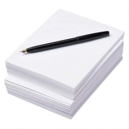 A neat stack of blank white paper sheets with a sleek black pen on top, ideal for various writing tasks, creative projects, or professional documentation in any workspace.の素材