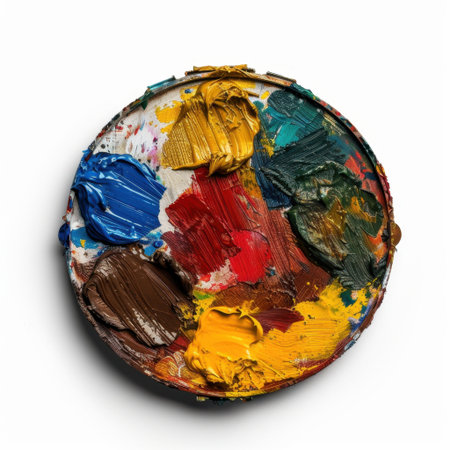 A circular view of a palette showcasing vibrant oil paints in various colors, perfect for artists seeking inspiration and creativity in their projects.の素材