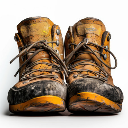 A pair of worn hiking boots showcasing age and use, emphasizing the adventurous spirit of outdoor enthusiasts ready for their next journey in nature.の素材