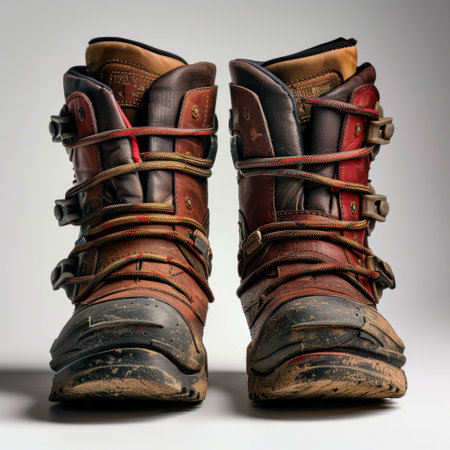 A pair of worn mountain boots, showcasing dirt and scuffs, against a neutral background. Ideal for outdoor and adventure-related themes, capturing rugged footwear essence.の素材