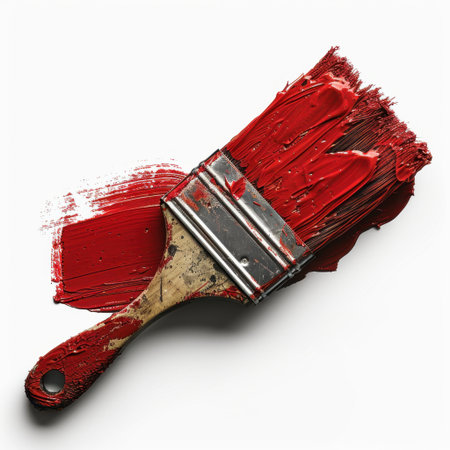 A close-up of a red paintbrush loaded with vibrant red paint on a clean background, perfect for artistic endeavors, DIY projects, and creative design inspiration.の素材