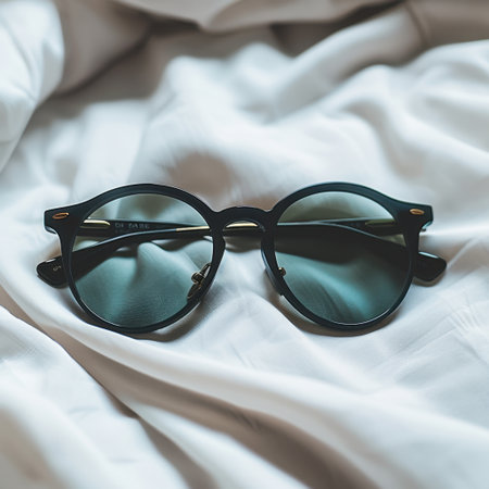 Stylish black sunglasses rest on soft white fabric, capturing natural light and highlighting color contrast. Ideal for fashion and product visual content.の素材
