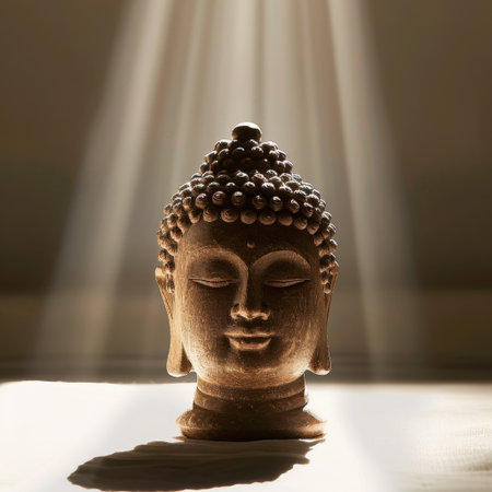 A beautifully crafted Buddha statue bathed in gentle light, creating an atmosphere of calm. Ideal for themes of meditation, spirituality, and mindfulness in various creative projects.の素材