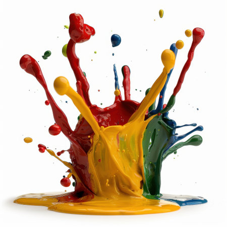 Dynamic and vibrant paint splashes in red, yellow, green, and blue create an artistic display on a white background. Ideal for creative projects and illustrations.の素材