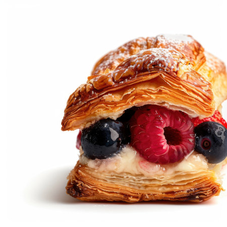 A tempting croissant pastry filled with rich cream and topped with fresh raspberries and blueberries. Perfect for any breakfast or dessert occasion, it offers a delightful treat.の素材