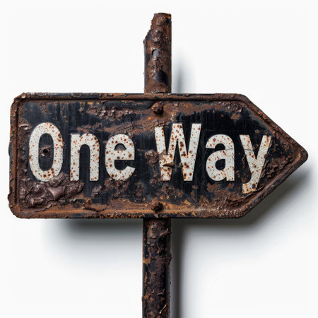This image features a rusted one-way street sign with a vintage appearance. The peeling paint and weathered texture provide a distinct urban charm, ideal for travel themes.の素材