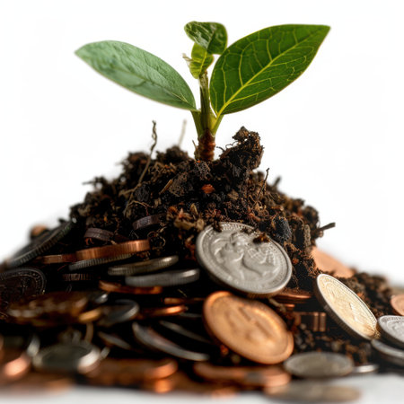 A vibrant seedling emerges from a mound of coins, symbolizing the intersection of nature and finance. This image represents growth, investment, and a sustainable future.の素材