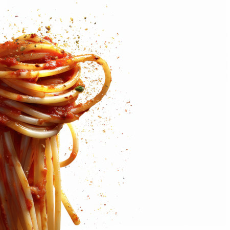 Indulge in a vibrant plate of spaghetti adorned with rich tomato sauce and fresh herbs, embodying the essence of culinary craftsmanship and comfort.の素材
