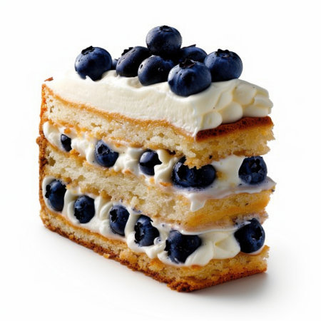 A delectable slice of layered blueberry cake featuring fluffy sponge, creamy frosting, and fresh blueberries, ideal for any special occasion or dessert craving.の素材