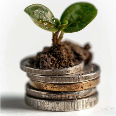 A vibrant plant grows from soil atop a stack of coins, illustrating the powerful connection between financial investment and sustainability in the natural world.の素材