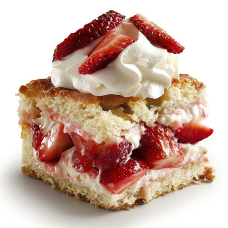 A tempting slice of strawberry shortcake, featuring layers of whipped cream, fresh strawberries, and soft cake. A delightful treat for any occasion.の素材