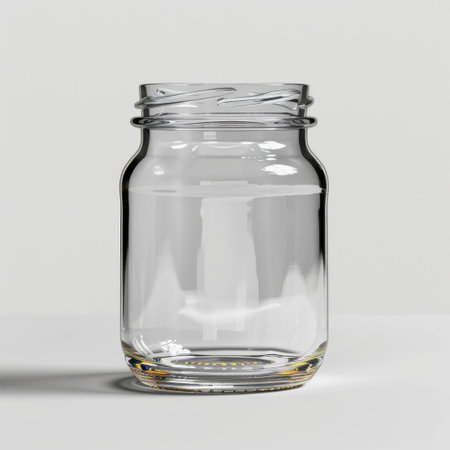 An empty glass jar designed for various uses, featuring a sleek and transparent look. Perfect for decorative items or practical storage in any space.の素材