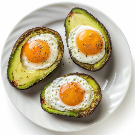 Enjoy these baked avocado halves filled with sunny side up eggs, garnished with pepper. A nutritious and visually appealing dish perfect for breakfast.の素材