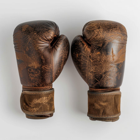 These vintage leather boxing gloves exhibit unique wear and texture, perfect for sports-themed projects. Ideal for backgrounds or fitness-related content.の素材