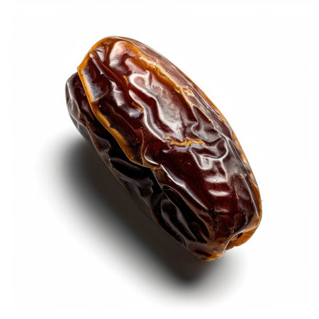 Single dried date fruit featured on a clean white background emphasizes its rich texture and natural sweetness, perfect for healthy snacking and culinary uses.の素材