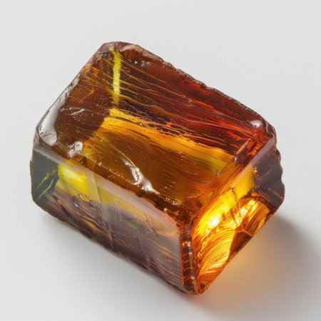 This captivating amber gemstone displays a mix of warm golden hues and intricate patterns, perfect for showcasing the elegance of natural beauty in any setting.の素材