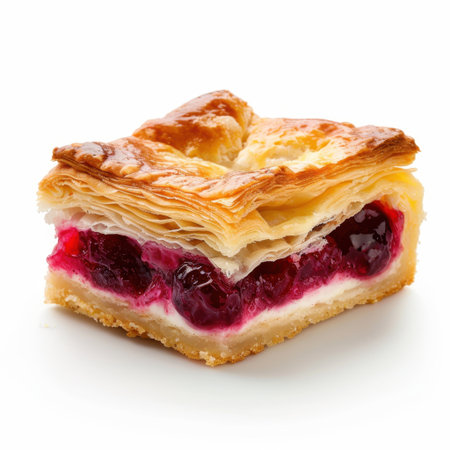 Delight in this exquisite cherry pastry, featuring flaky layers and a creamy filling, perfect for desserts, cafes, and special occasions. A visually stunning treat!の素材