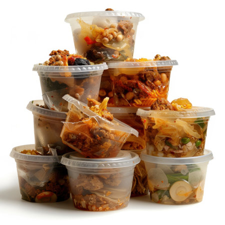 A tower of transparent containers showcasing an assortment of colorful leftovers, perfect for meal prepping, home dining, or enjoying delicious microwave meals.の素材