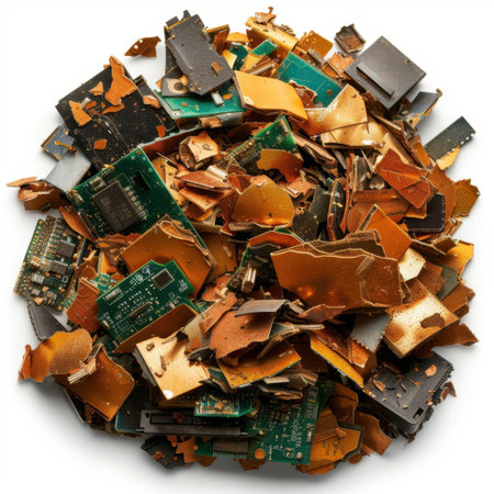 This image showcases a chaotic collection of electronic circuit board fragments, representing the growing challenges of e-waste management and recycling.の素材