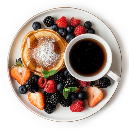 A beautifully arranged breakfast featuring golden pancakes drizzled with syrup alongside a vibrant assortment of fresh berries and a steaming cup of black coffee.の素材