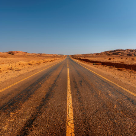A long stretch of asphalt road meanders through a vast desert under a brilliant blue sky, showcasing the beauty of remote landscapes and inviting adventure.の素材