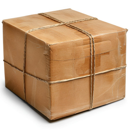 Isolated brown cardboard box tied with twine, ideal for illustrating themes of shipping, storage, and packaging in various commercial and personal contexts.の素材
