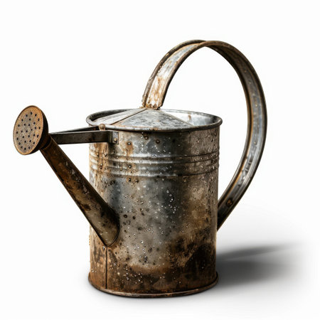 This vintage metal watering can showcases a rustic patina and intricate design, ideal for enhancing gardening spaces or serving as a charming decor piece in homes.の素材