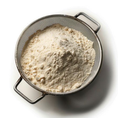 A detailed close-up of sifted flour in a metal sieve, showcasing its fine texture and essential role in baking and cooking, perfect for food enthusiasts.の素材