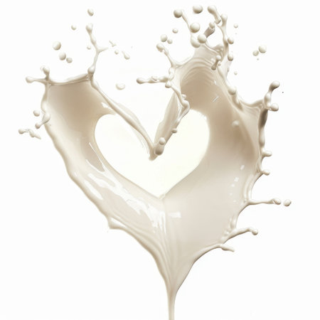 A stunning splash of white milk forms a heart shape on a pristine background, perfectly capturing themes of love, purity, and creativity in an artistic manner.の素材