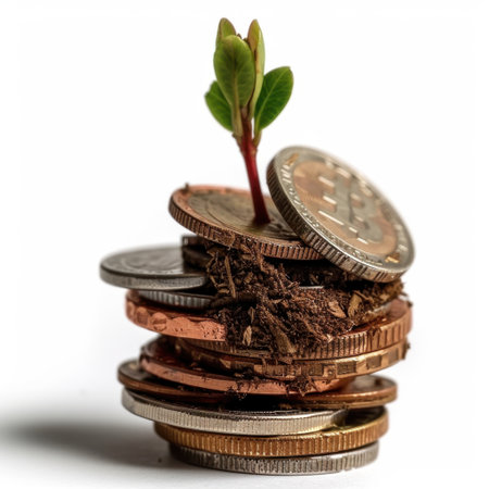 This image features a sprouting plant emerging from a stack of coins, symbolizing the relationship between financial investment and sustainable growth strategies.の素材