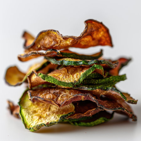 Vibrant stack of vegetable chips showcasing a variety of textures and colors on a clean white background, perfect for representing healthy snacking options.の素材