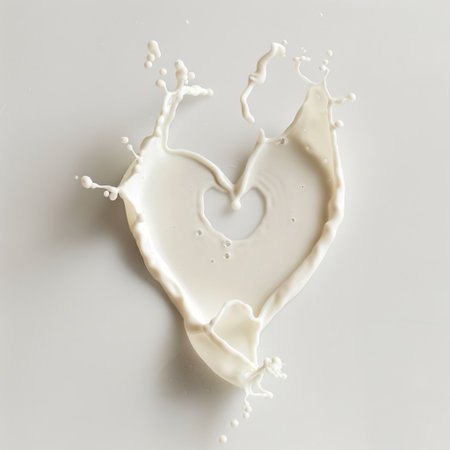 A captivating heart-shaped milk splash set against a pristine white background. This artistic image showcases fluid dynamics, symbolizing love and freshness.の素材